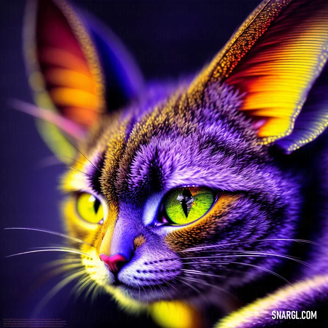 Cat with a colorful face and green eyes is shown in this artistic photo of a cat's face