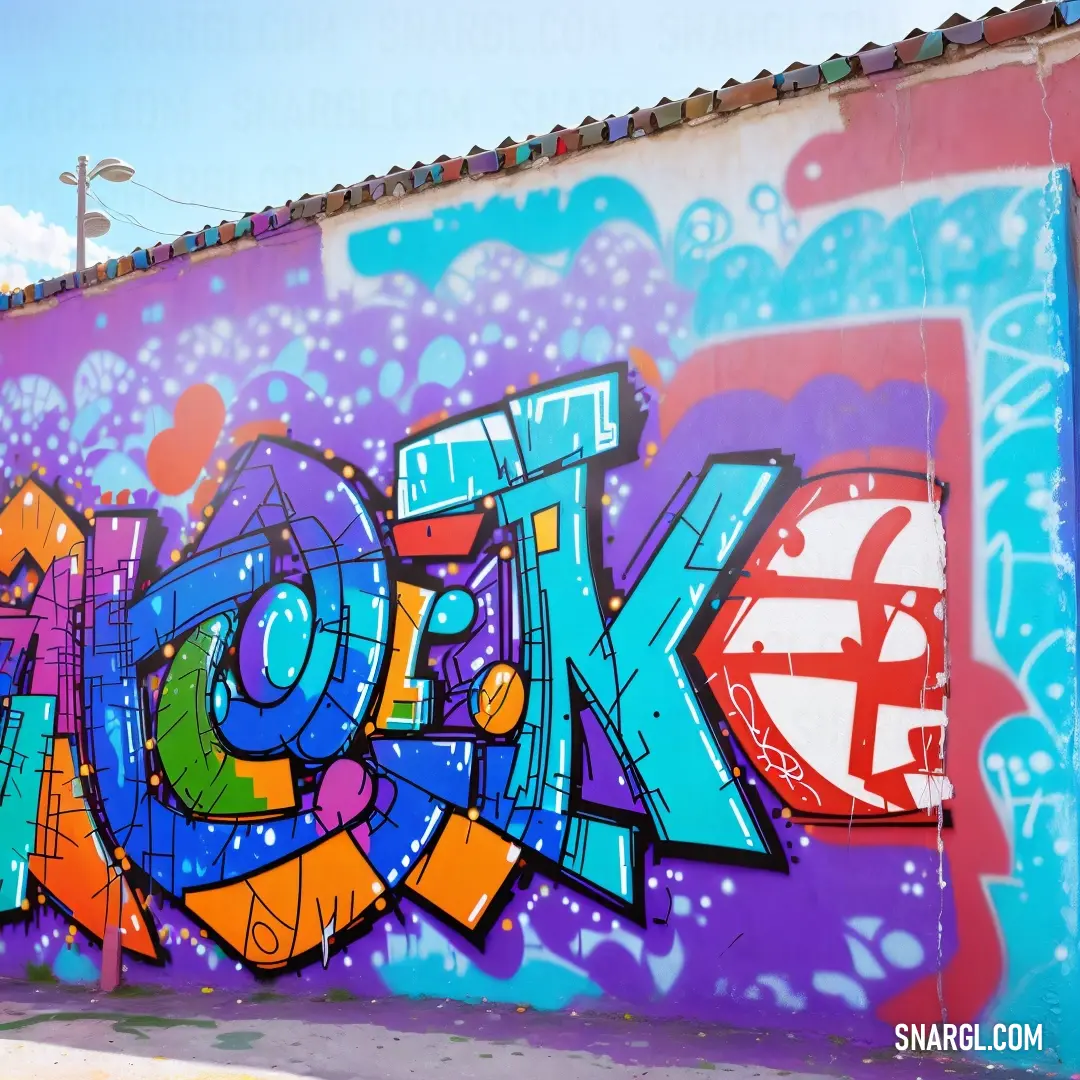 Colorful graffiti wall with a large word on it's side and a sky background behind it