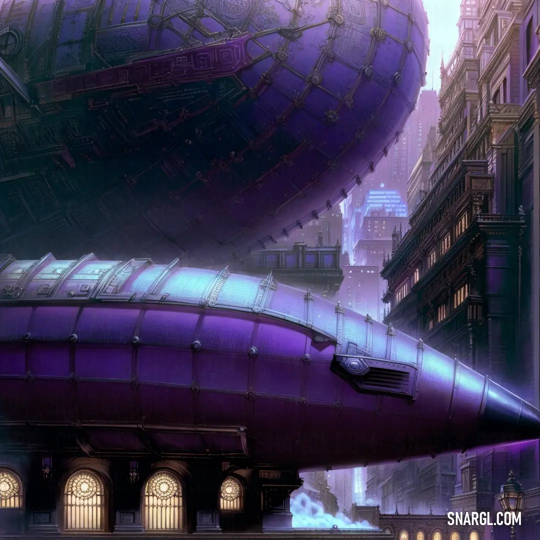 Futuristic city with a giant purple object in the middle of it's center of the city