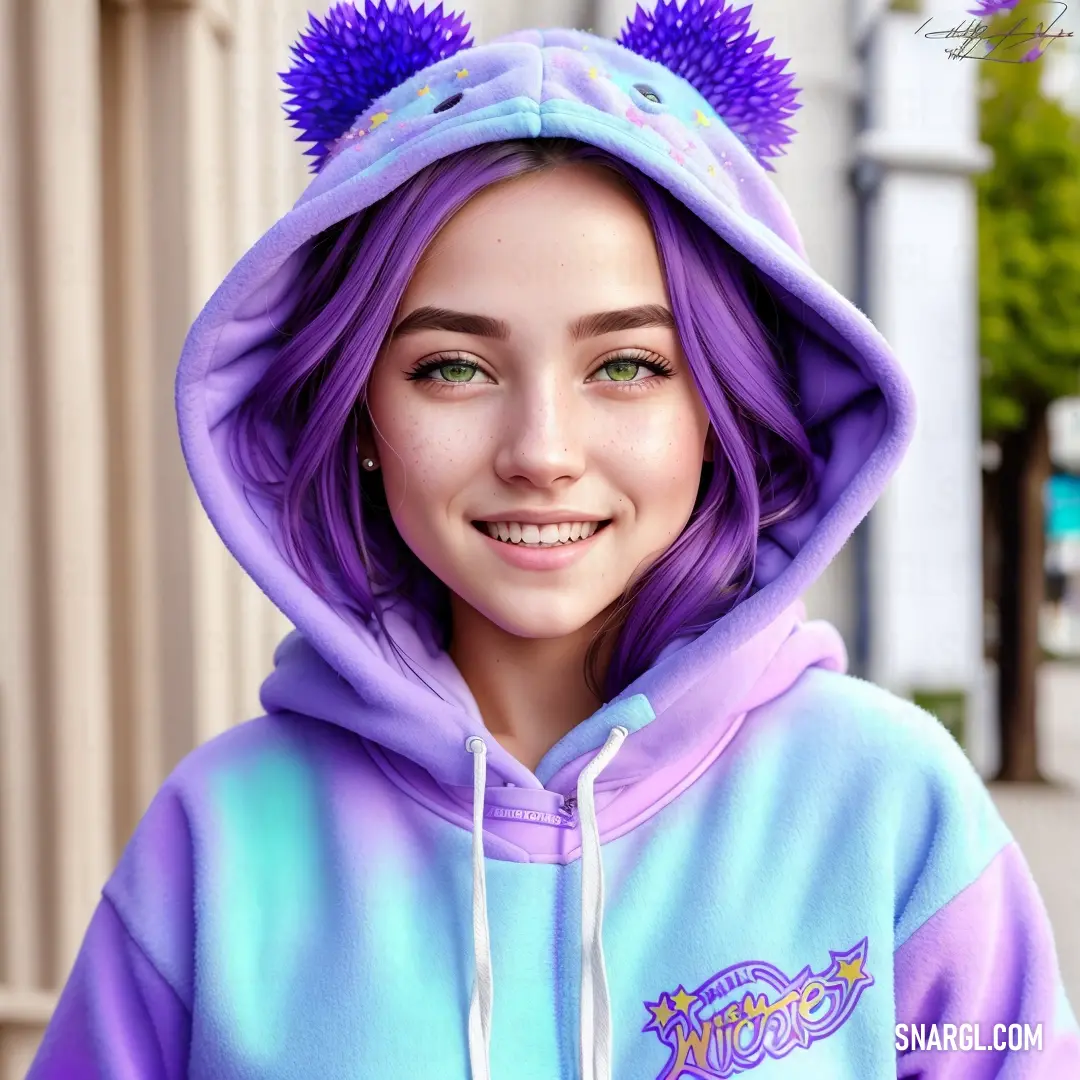 Girl with purple hair and a blue hoodie with purple pom poms on her ears and a smile
