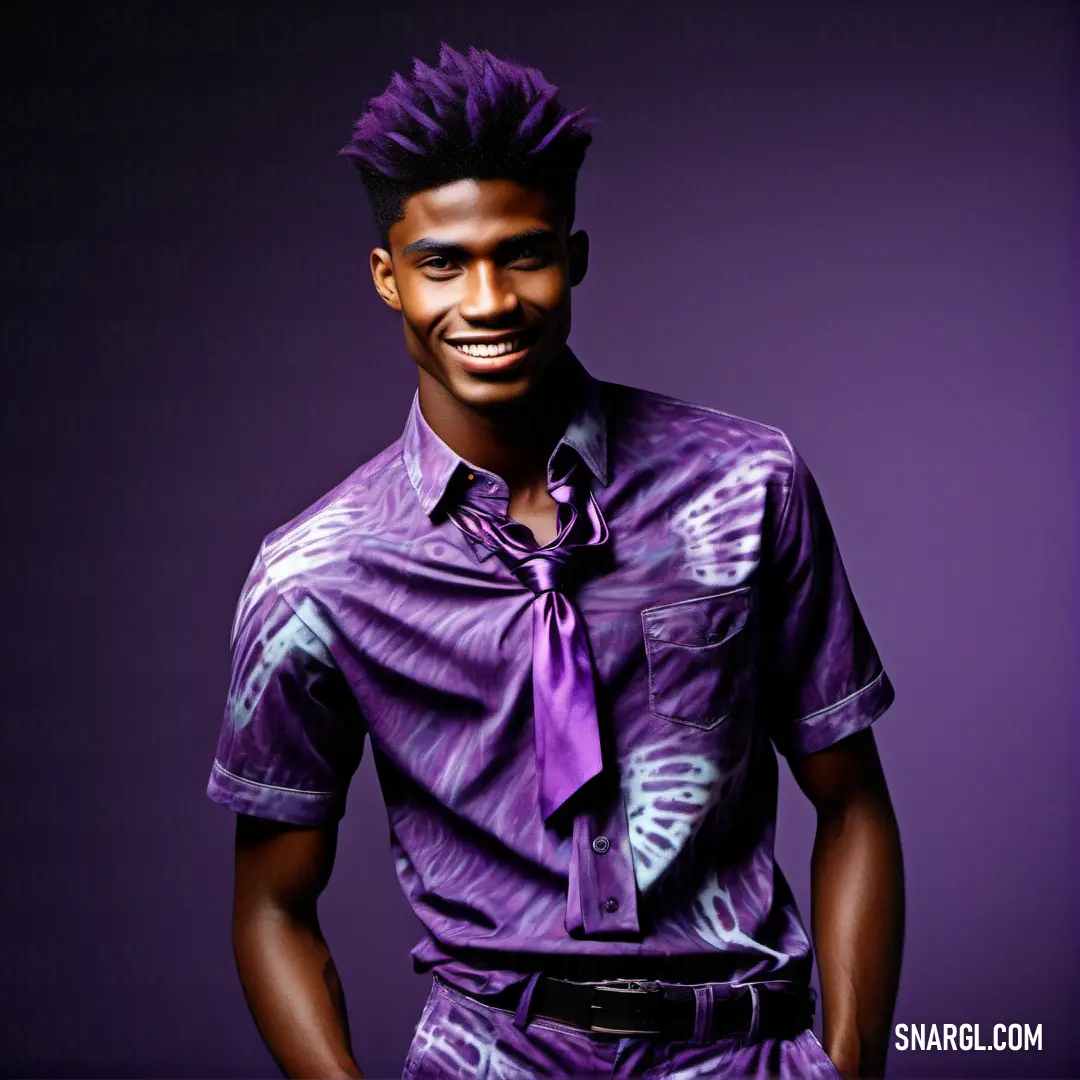 Medium purple color example: Man with a tie and a shirt on smiling for a picture in a purple background