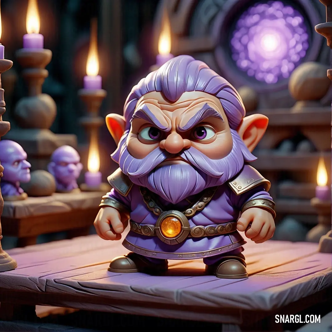 Cartoon character is standing in front of a table with candles and a statue of a dwarf in the background. Example of Medium purple color.