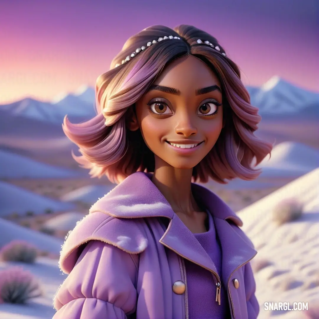 Medium purple color example: Cartoon girl with a purple jacket and a purple jacket on in the snow with mountains in the background