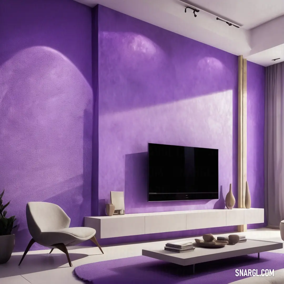 Living room with a purple wall and a white couch and chair and a television on a stand in the corner. Example of Medium purple color.