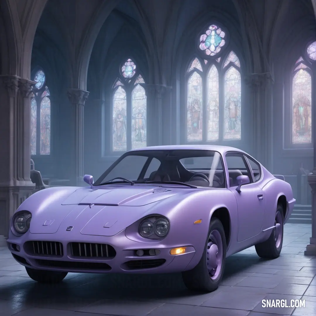 Medium purple color example: Purple car parked in front of a large window in a building with a clock on the wall