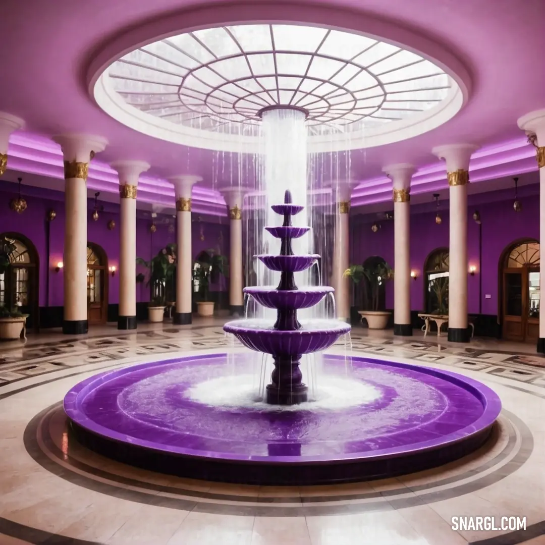 Purple fountain in a large room with columns and a ceiling light above it. Color #9370DB.