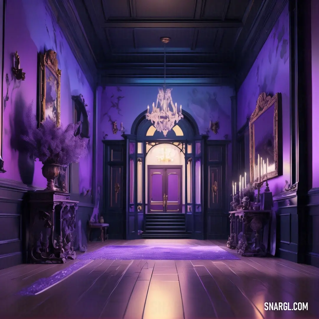 Purple room with a chandelier and a purple door and a purple carpet. Example of #9370DB color.