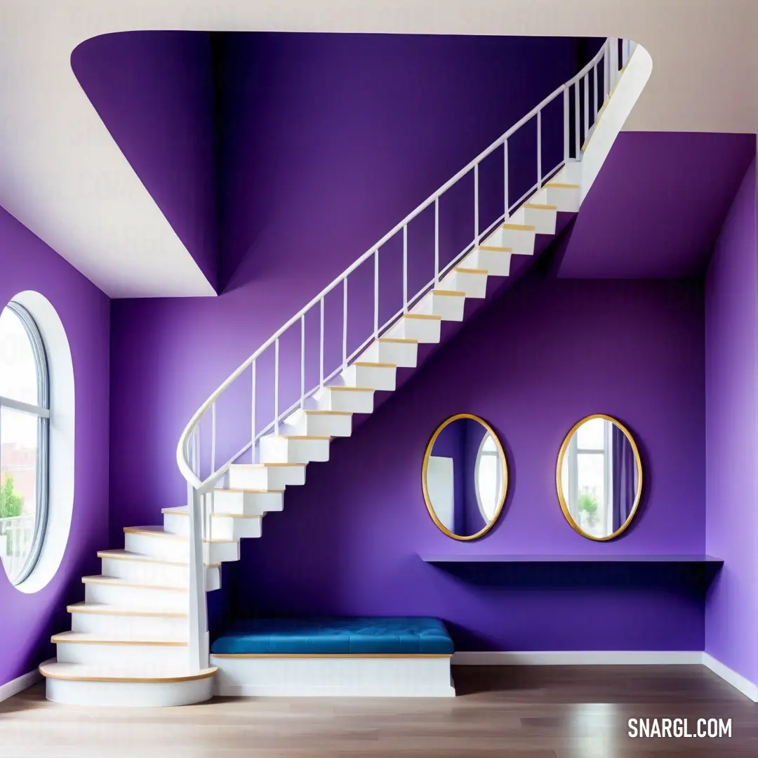 Purple room with a white staircase and a mirror on the wall and a blue cushion on the floor. Color CMYK 33,49,0,14.