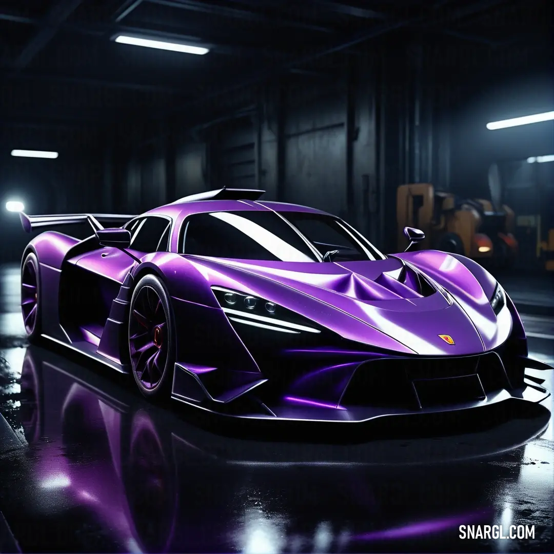 Purple sports car is parked in a garage with a bright light on it's side and a black background. Color CMYK 33,49,0,14.