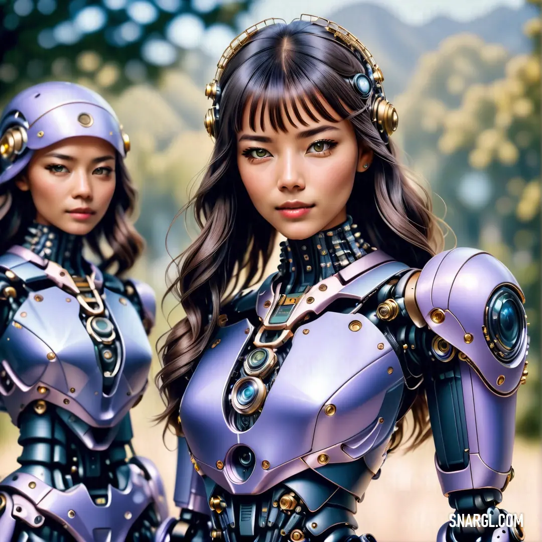 Two women in futuristic garb standing next to each other in a park with trees in the background. Example of #9370DB color.
