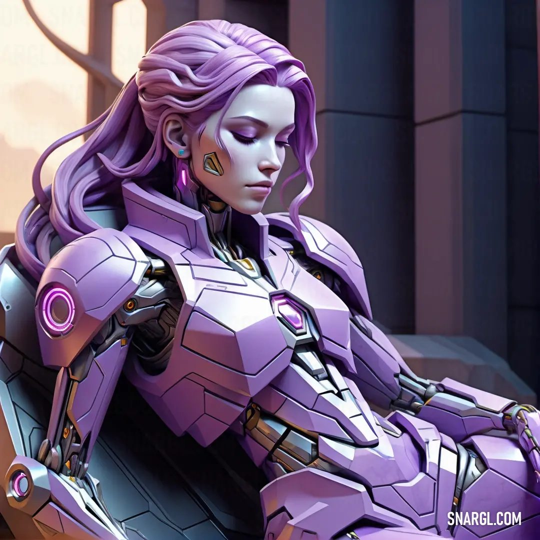 Woman in a futuristic suit on a bench with her legs crossed. Color RGB 147,112,219.