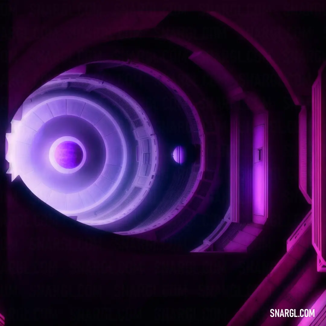 Purple and black photo of a circular object in a building with a light at the end of the tunnel