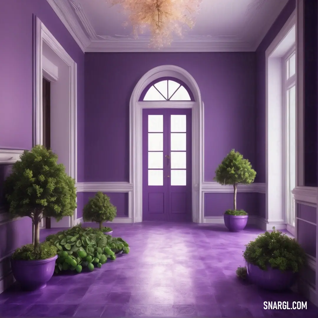 Purple room with potted plants and a chandelier hanging from the ceiling. Color CMYK 33,49,0,14.