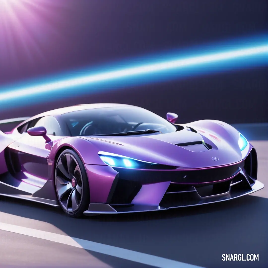 Purple sports car driving on a road with a bright light behind it. Color RGB 147,112,219.