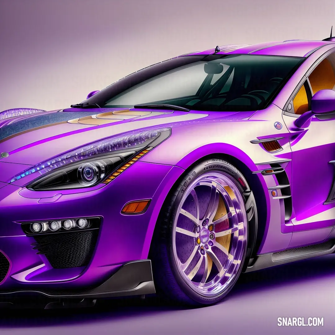 Purple sports car with a gold stripe on it's hood