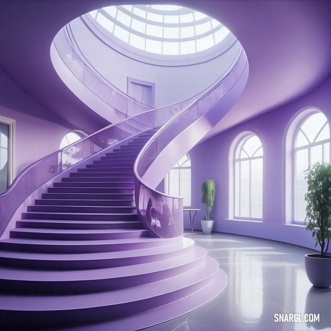 Purple staircase in a large room with a potted plant on the side of it. Example of RGB 147,112,219 color.