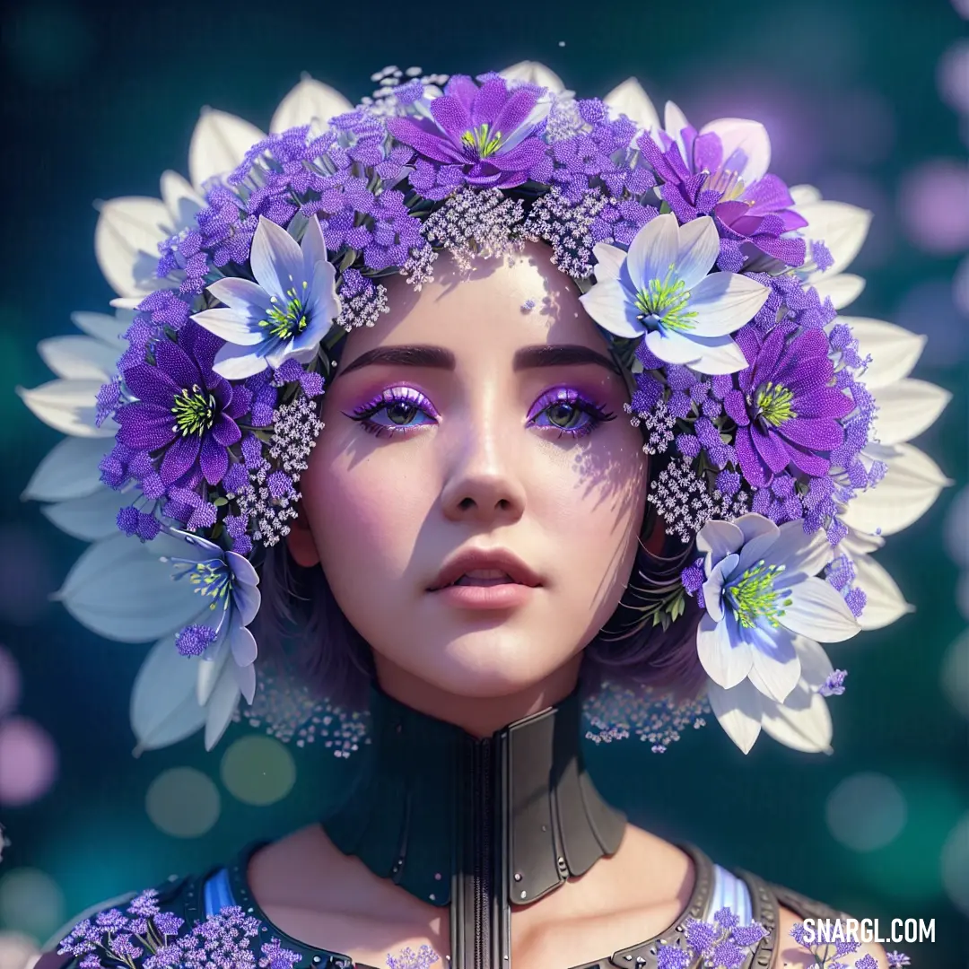 Woman with a wreath of flowers on her head and a purple dress on her body and a blue background. Example of RGB 147,112,219 color.