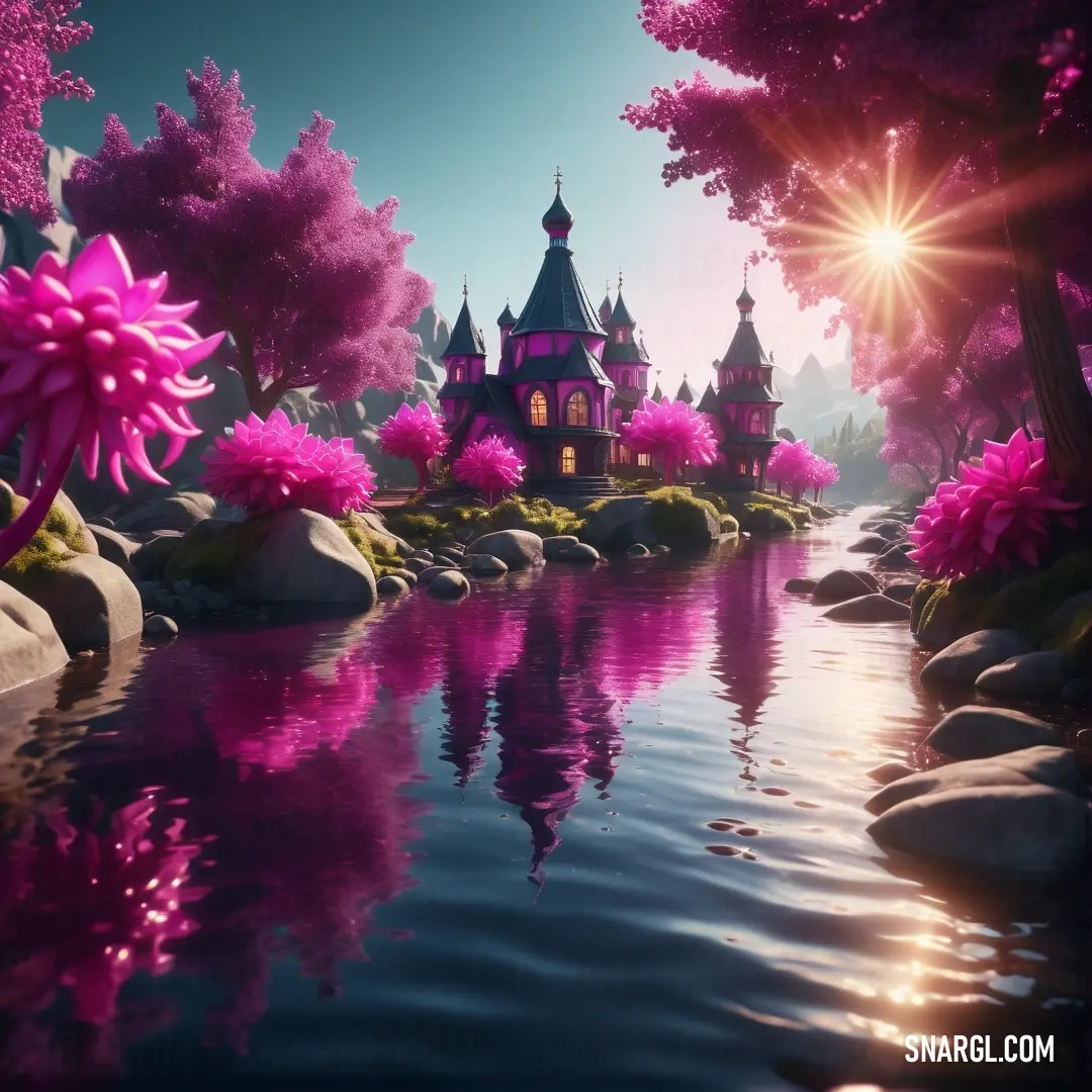 Beautiful pink castle is reflected in the water of a lake with pink flowers and trees around it. Example of #BB3385 color.