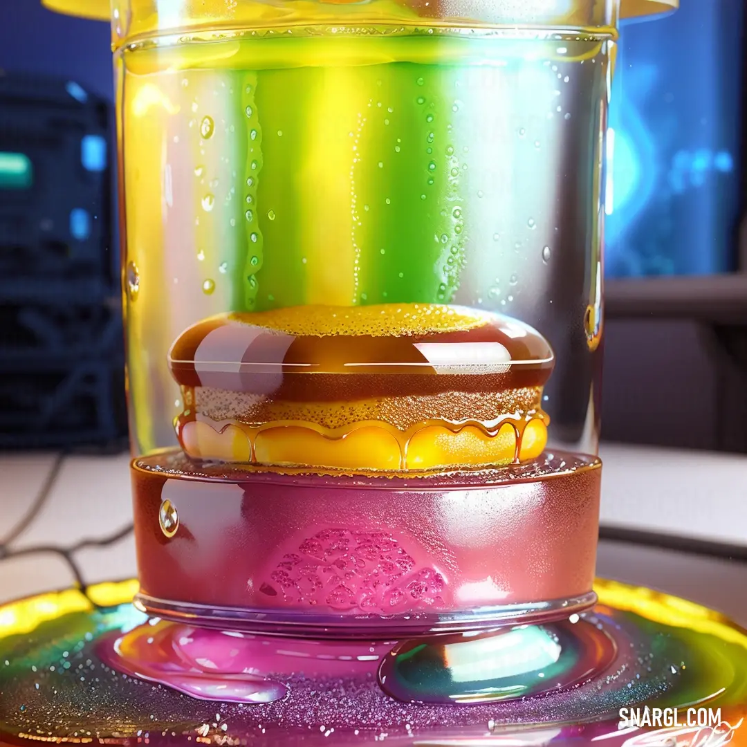 Colorful cake is in a glass of water on a table top with a tv in the background. Color RGB 187,51,133.