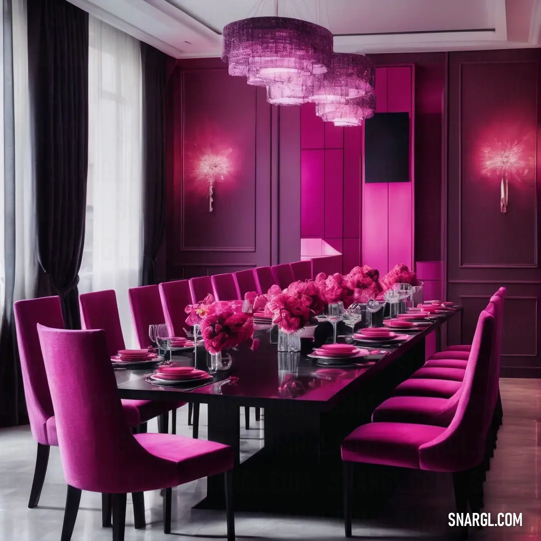 Dining room with a long table and purple chairs and a chandelier hanging from the ceiling above. Example of RGB 187,51,133 color.