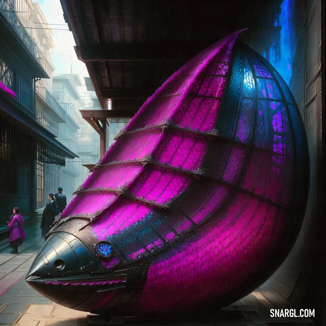 Large purple object on top of a sidewalk next to a building and people walking by it on a sidewalk