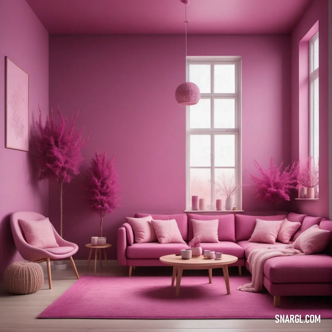 Living room with pink walls and furniture and a pink rug on the floor. Color Medium red violet.