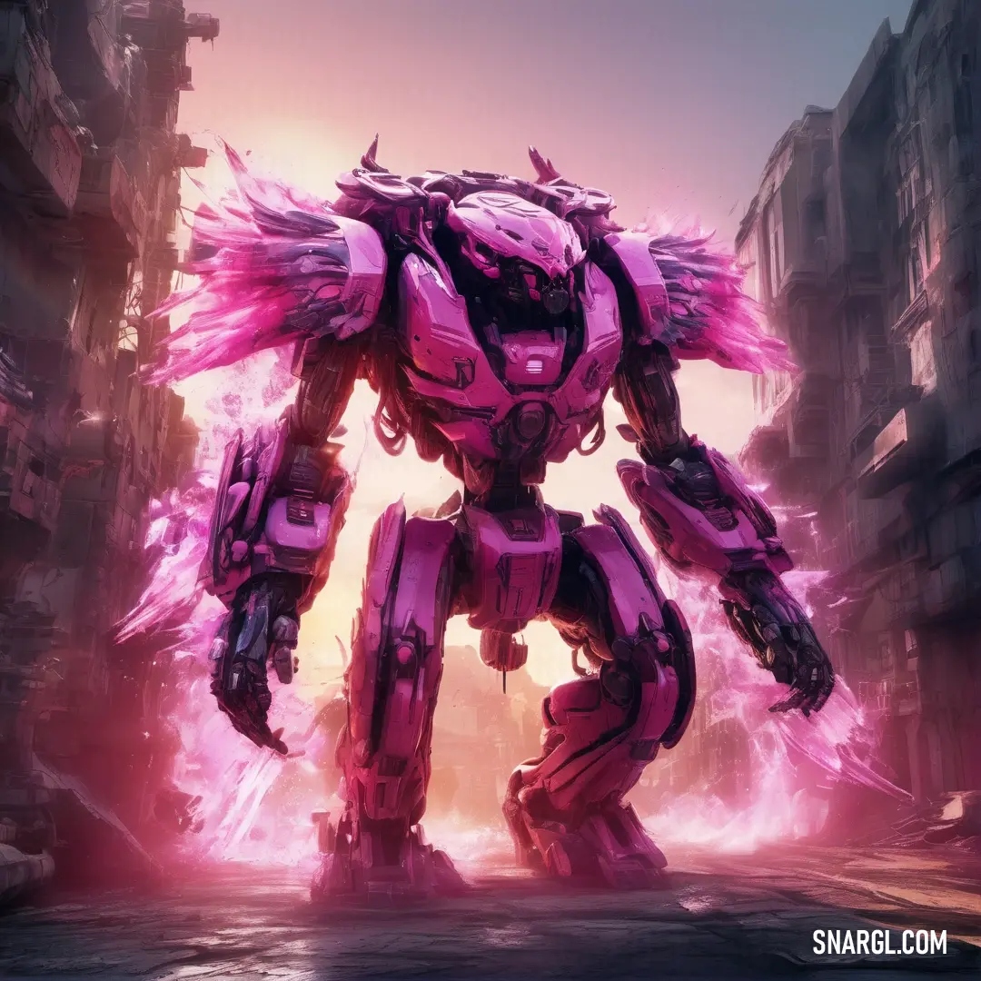 Medium red violet color example: Futuristic robot with pink paint and a city in the background