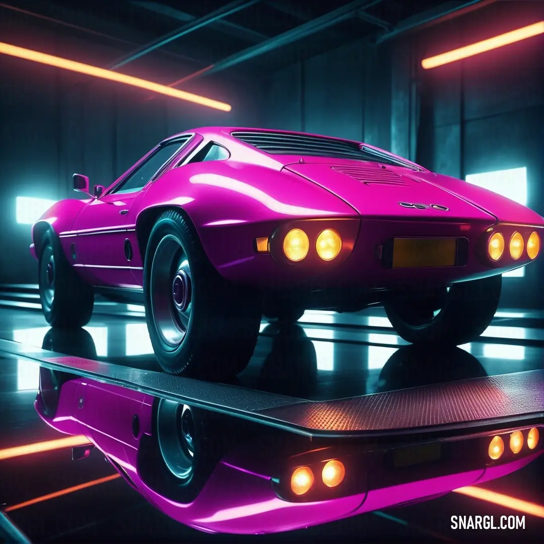 Pink car is on a reflective surface in a dark room with neon lights around it. Example of Medium red violet color.