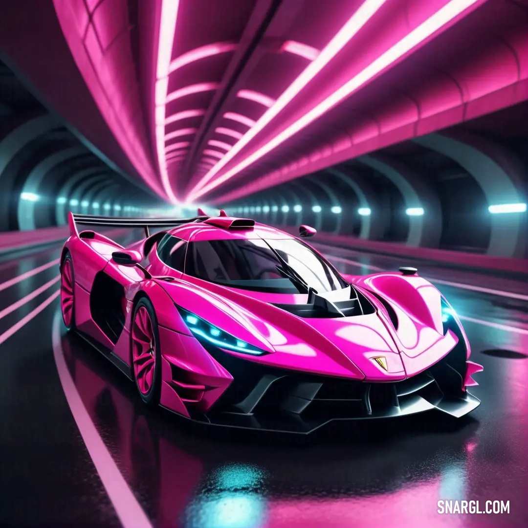Pink sports car driving through a tunnel with neon lights on it's sides and a black roof. Color RGB 187,51,133.