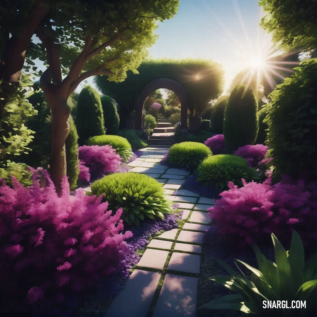 Pathway with a stone walkway between two trees and bushes with pink flowers on either side of it. Example of RGB 187,51,133 color.