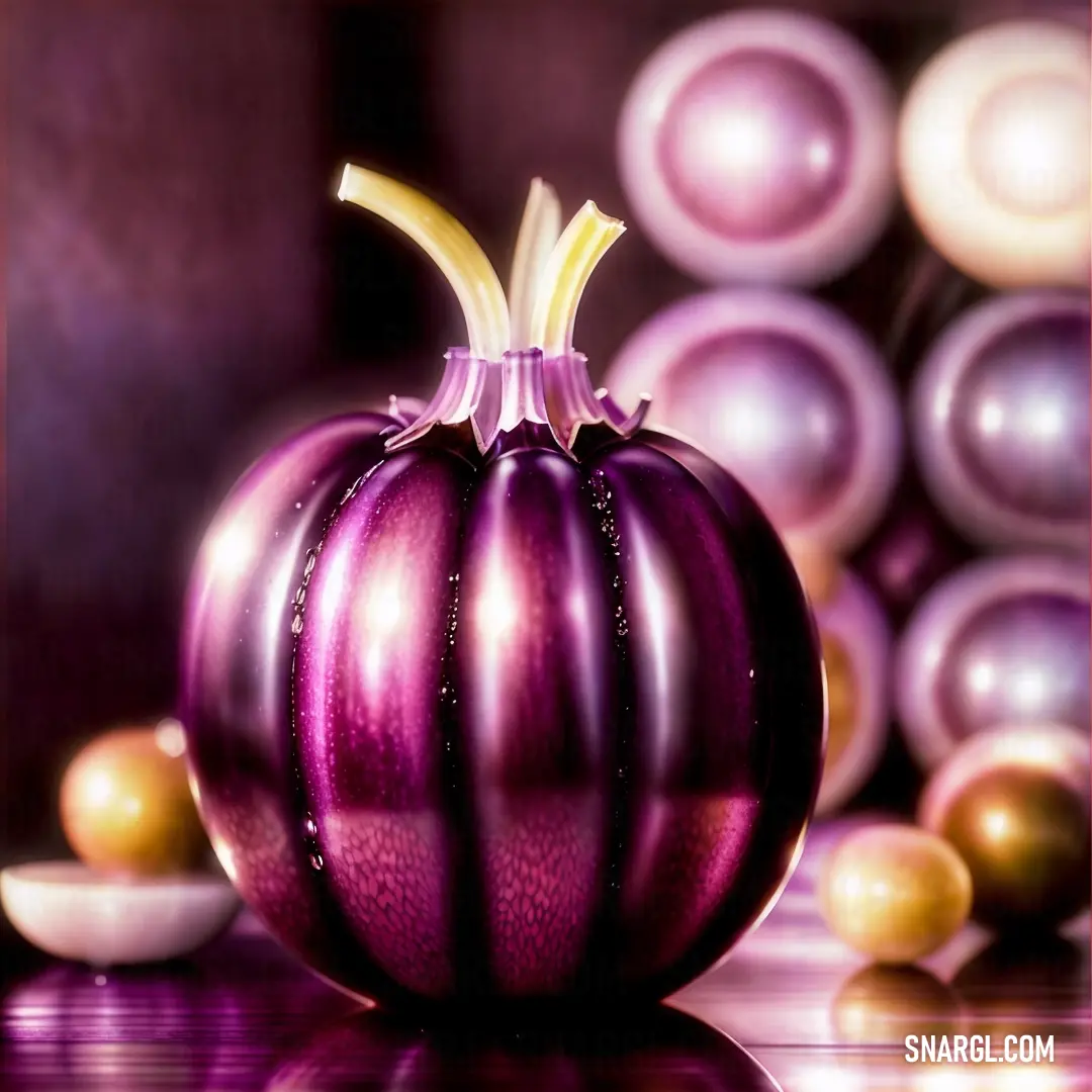 Purple ball with a yellow stem on a table with other balls in the background
