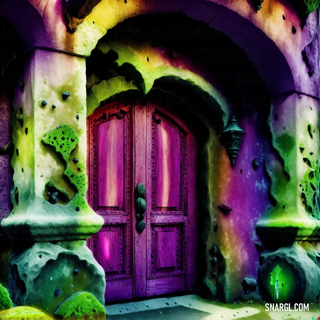 Purple door with a green plant on it and a purple wall behind it