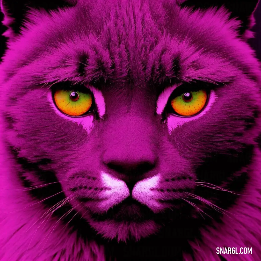 Purple tiger with orange eyes and a black background is shown in this image
