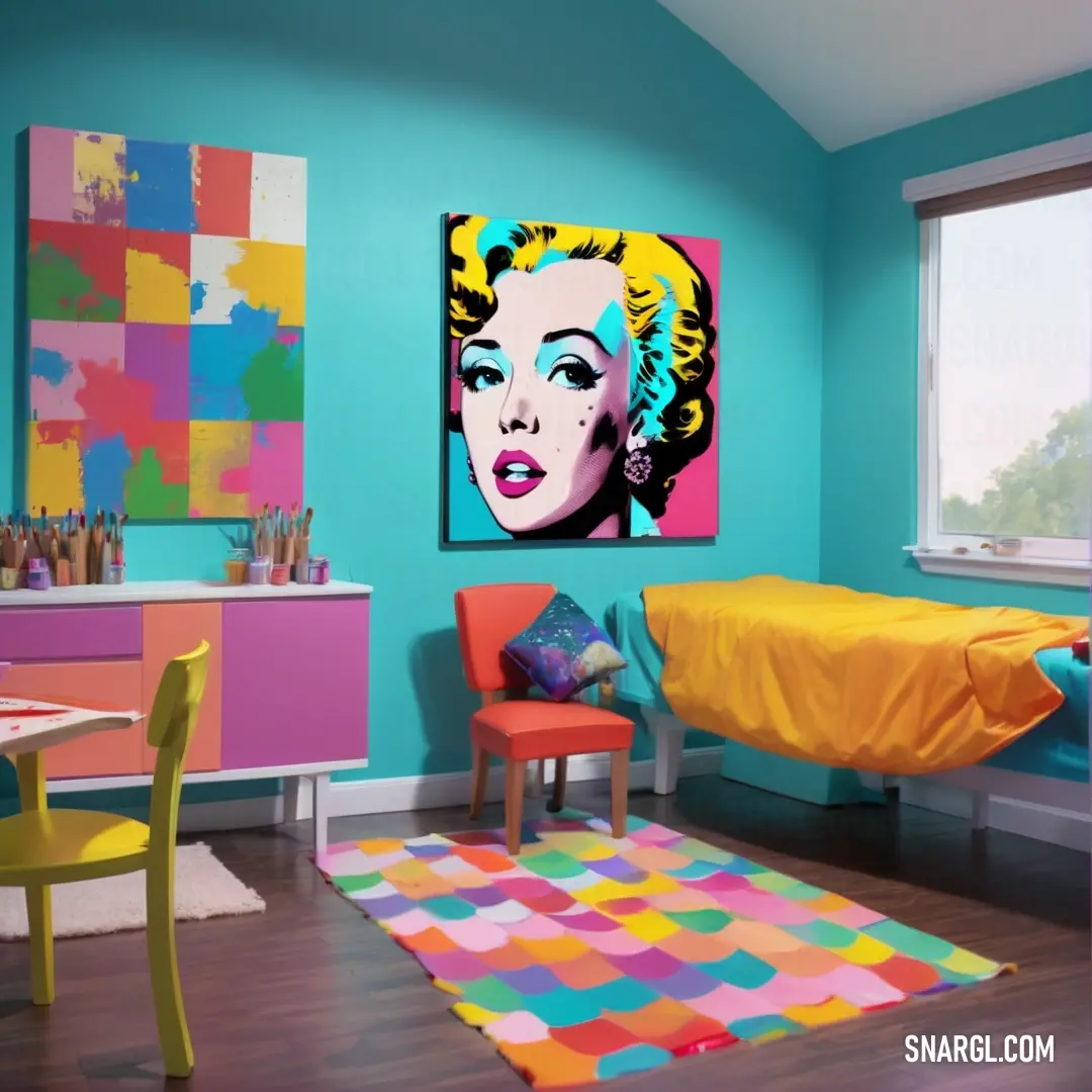 Room with a bed, desk and a painting on the wall of a woman's face. Color CMYK 0,73,29,27.