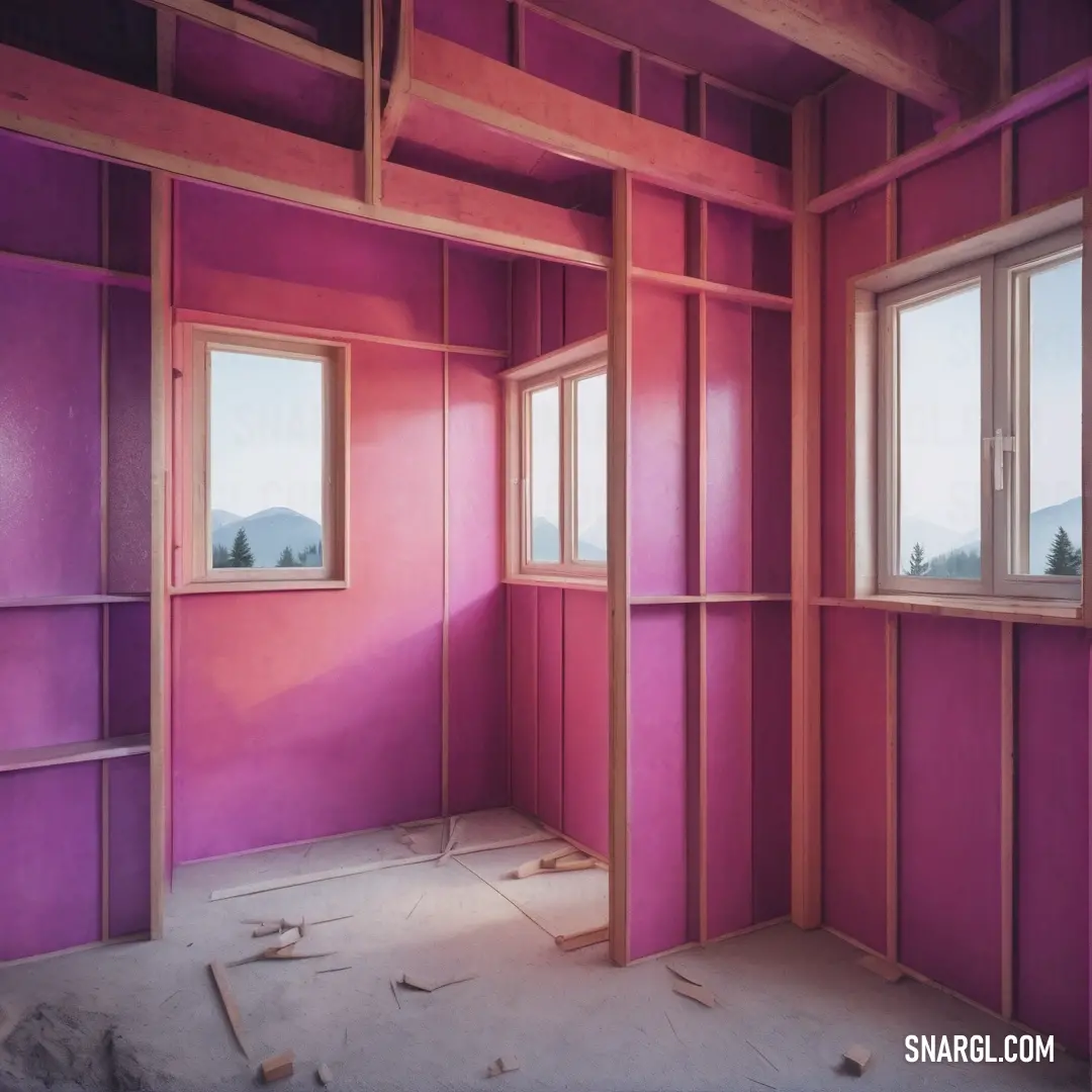 Room with a window and a wall with pink paint on it and a window in the middle of the room. Example of CMYK 0,73,29,27 color.