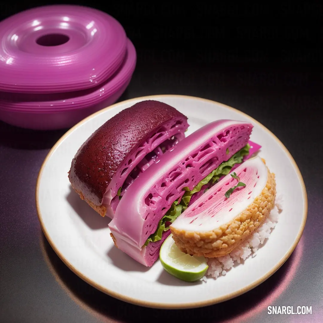 Sandwich with a purple bun and a slice of lime on a plate with rice
