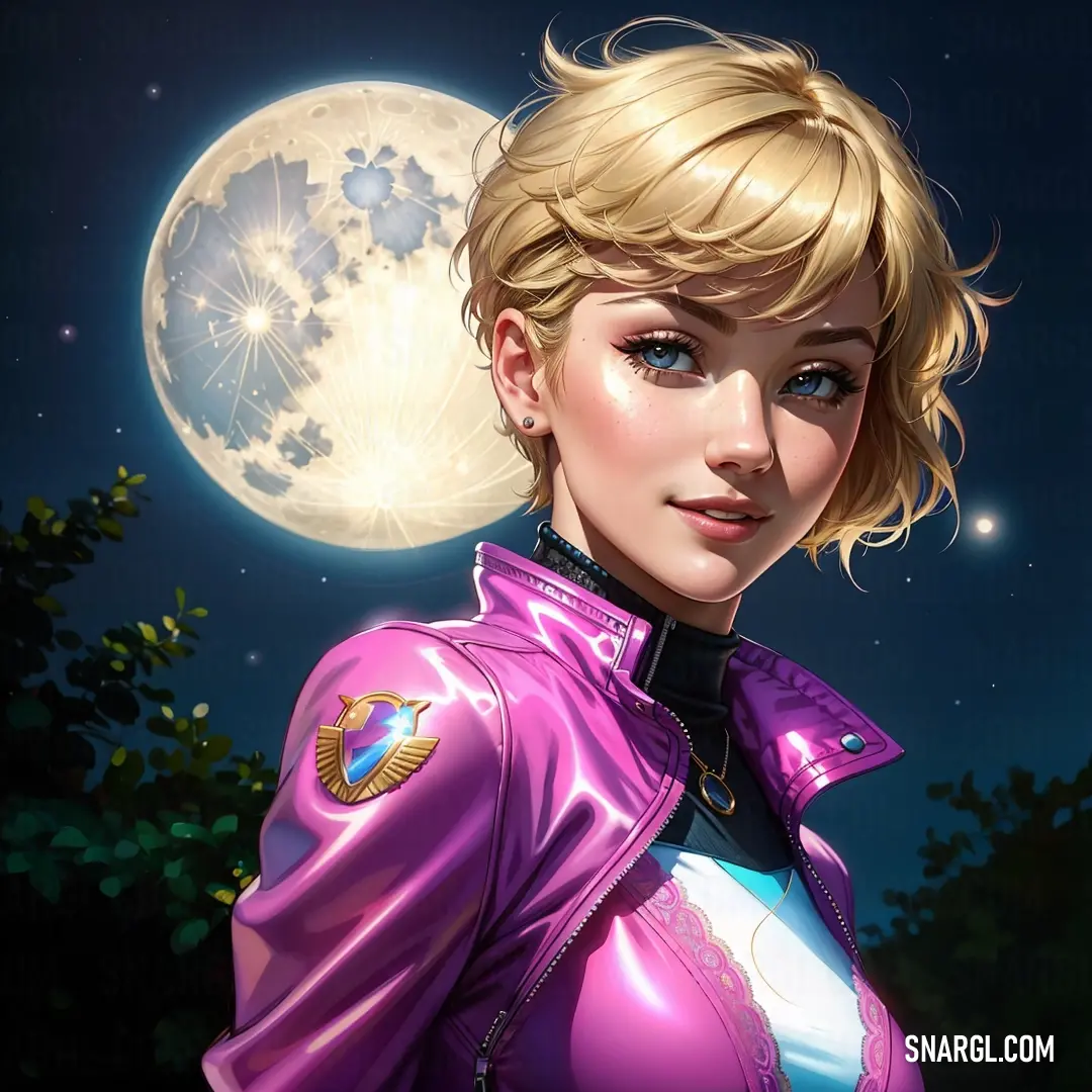 Woman in a purple leather jacket standing in front of a full moon and stars background
