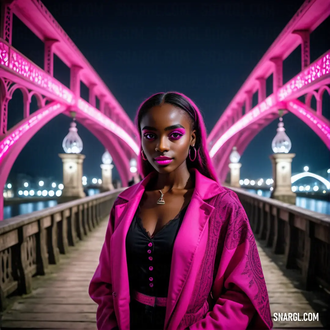 Woman standing on a bridge with a pink light on her face. Example of RGB 187,51,133 color.