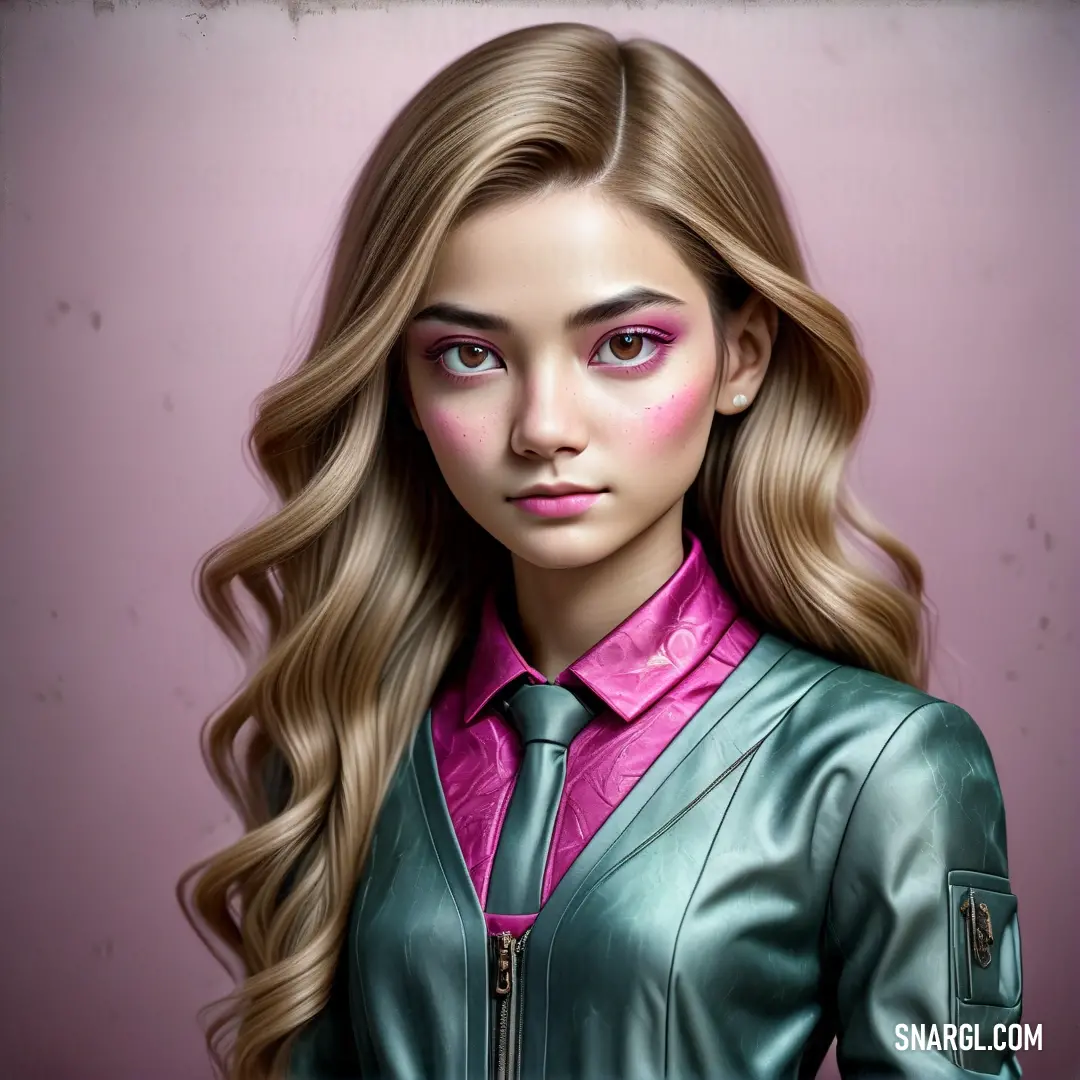 Medium red violet color. Woman with long hair wearing a green leather jacket and pink shirt and tie