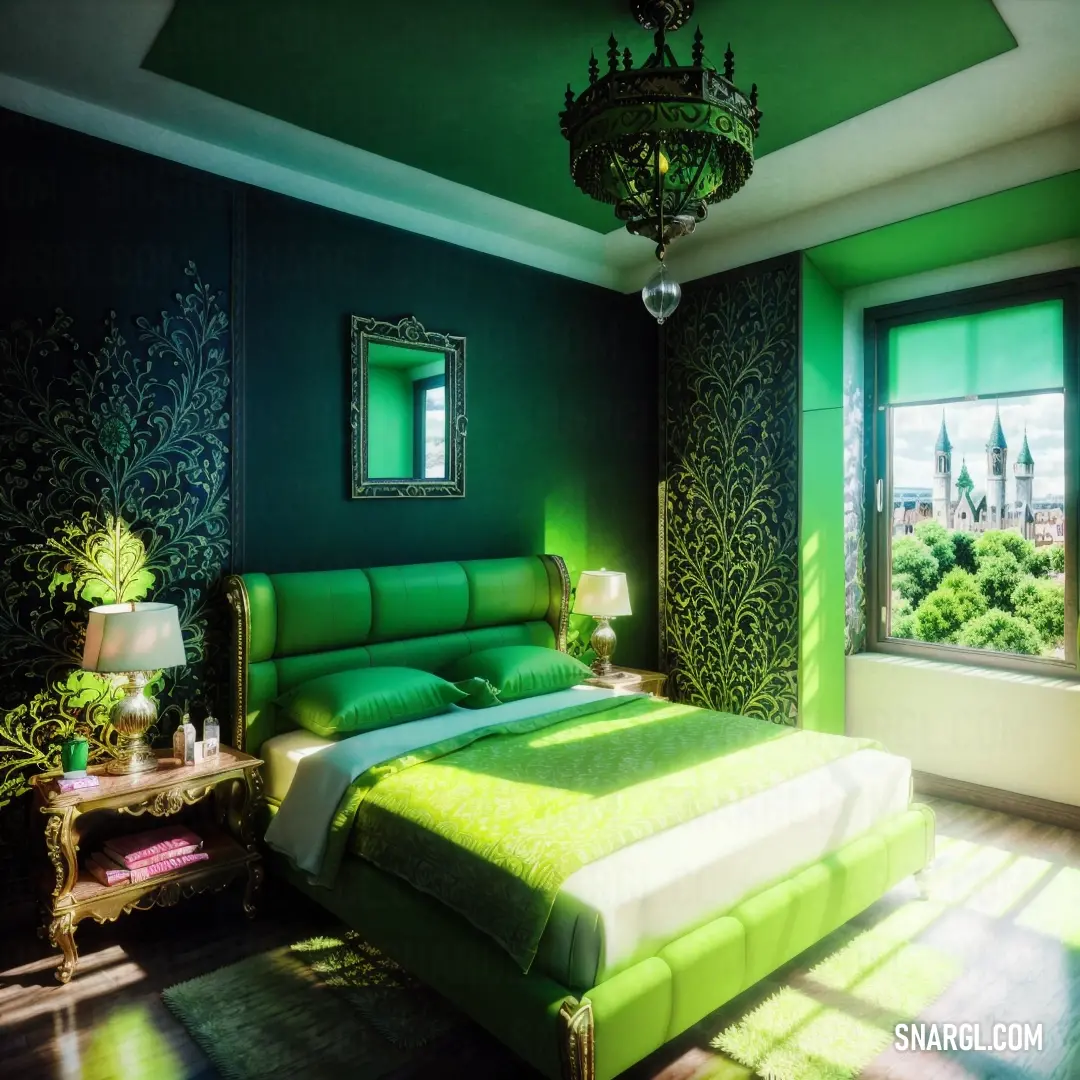 Bedroom with a green bed and a chandelier hanging from the ceiling and a green wall with a window