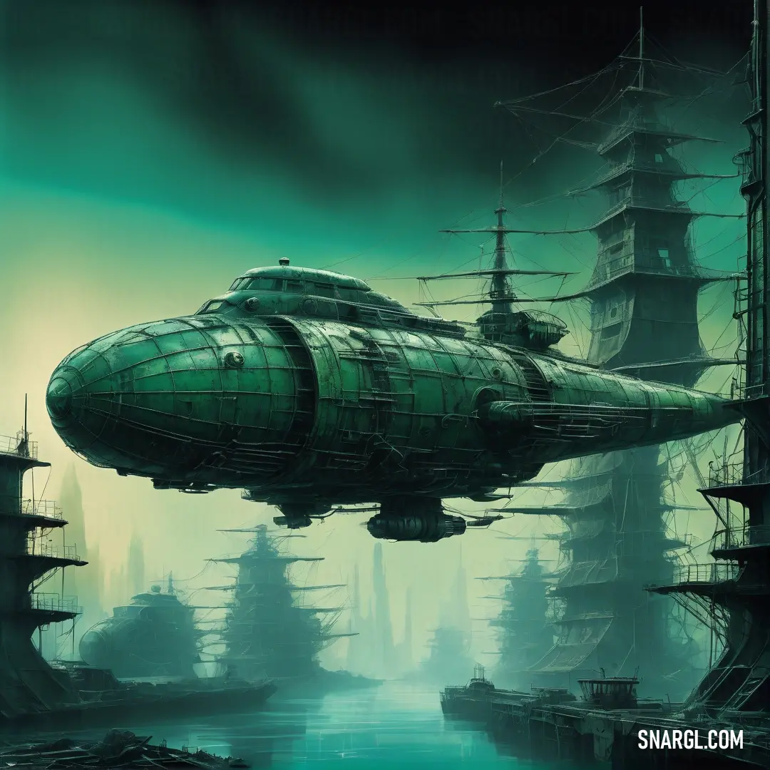 Futuristic ship floating in a green sea with tall buildings in the background and a ship in the foreground. Color #3CB371.