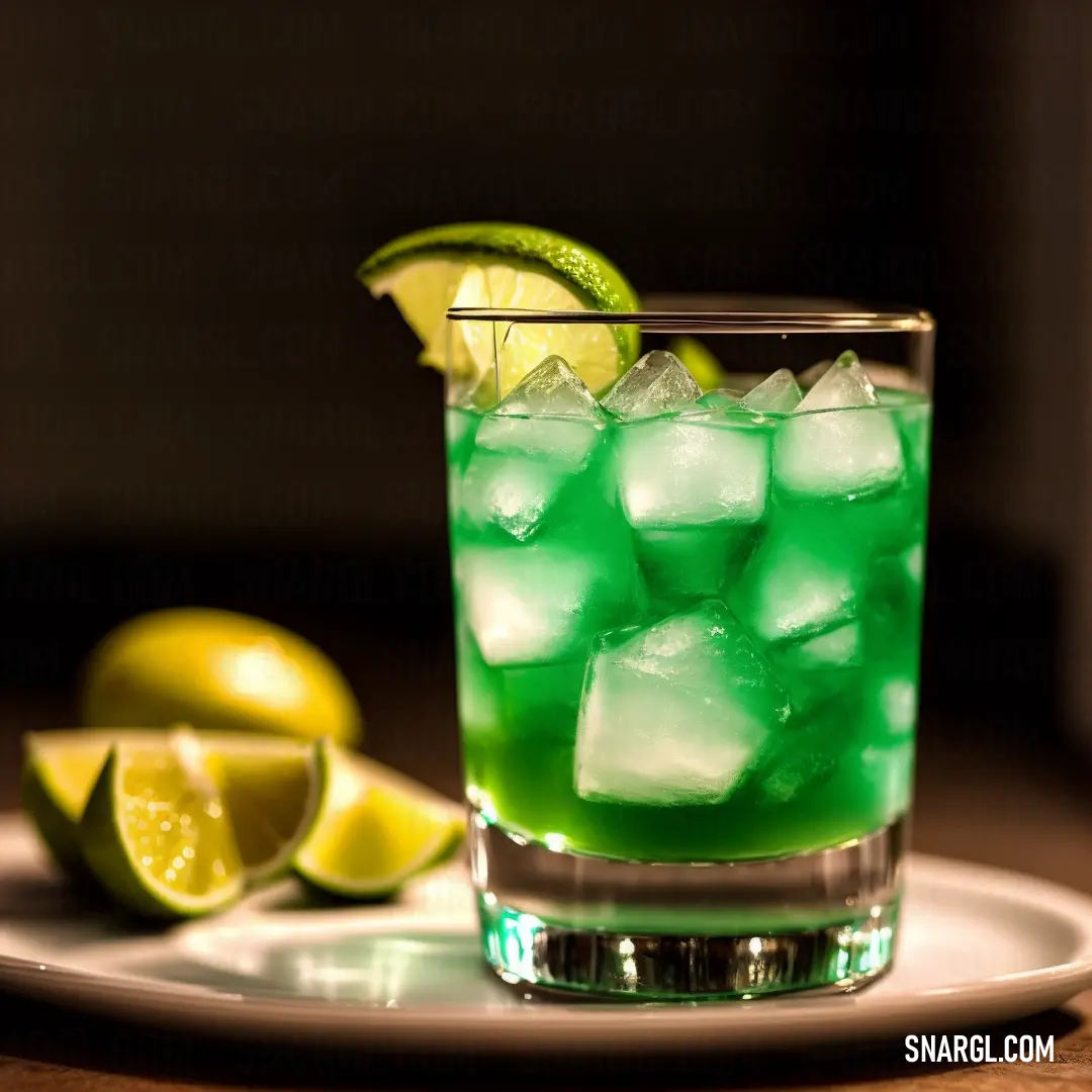 Glass of green liquid with ice and limes on a plate next to a lime slice