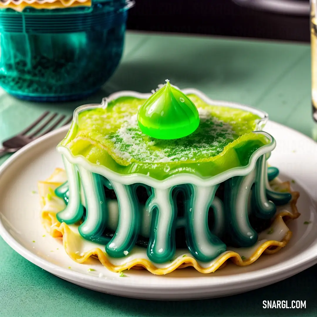 Green and white cake on a plate with a fork and glass of water in the background on a table