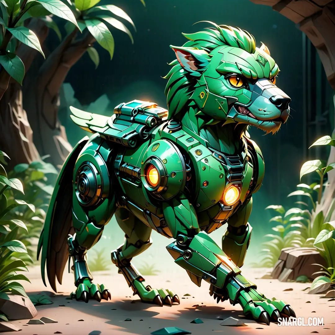 Green robot dog standing in a forest with a light on its face and a green body with yellow eyes. Color CMYK 66,0,37,30.