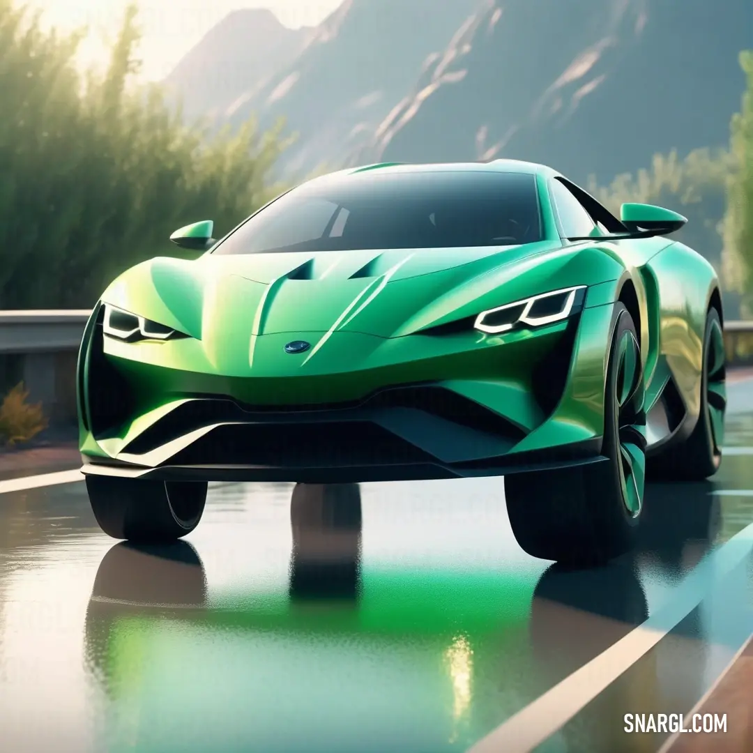 Green sports car driving down a wet road in the sun with mountains in the background. Example of RGB 60,179,113 color.