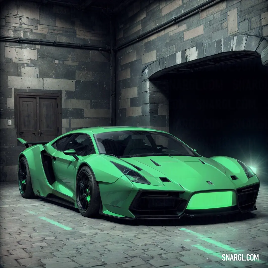 Green sports car parked in a garage with a brick wall behind it and a door in the background. Example of RGB 60,179,113 color.