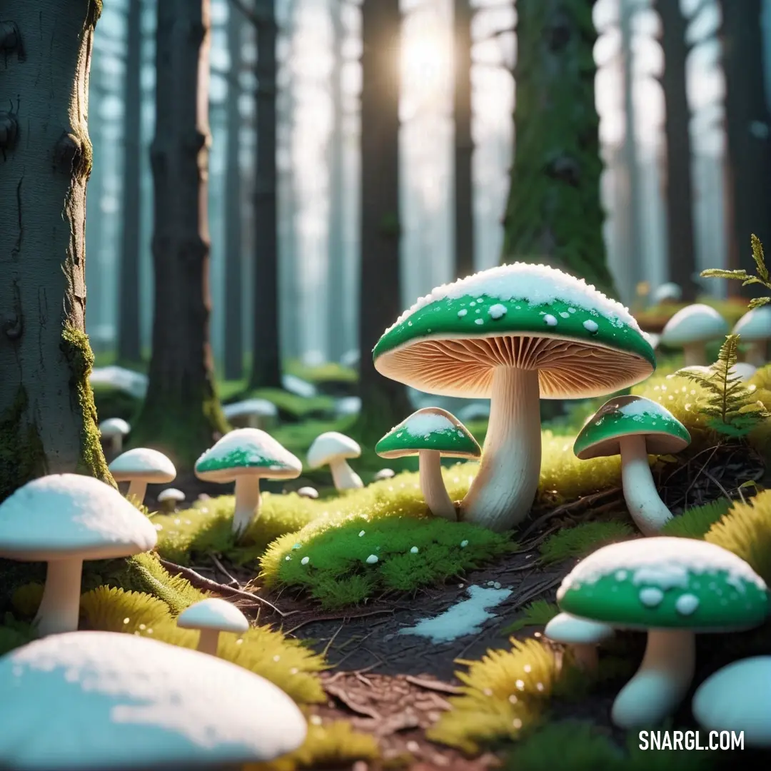 Medium sea green color example: Group of mushrooms in a forest with sun shining through the trees and grass on the ground