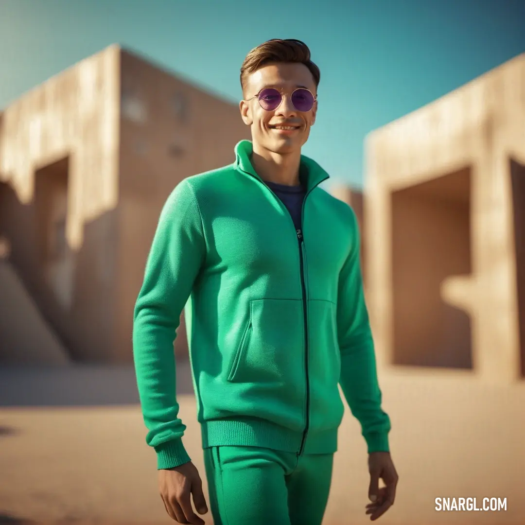 Man in a green suit and sunglasses walking in front of a building with a blue sky in the background. Color RGB 60,179,113.
