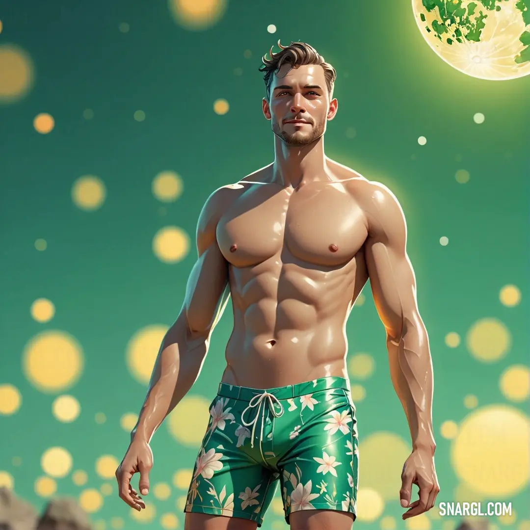 Man in green swim trunks standing in front of a full moon. Example of Medium sea green color.