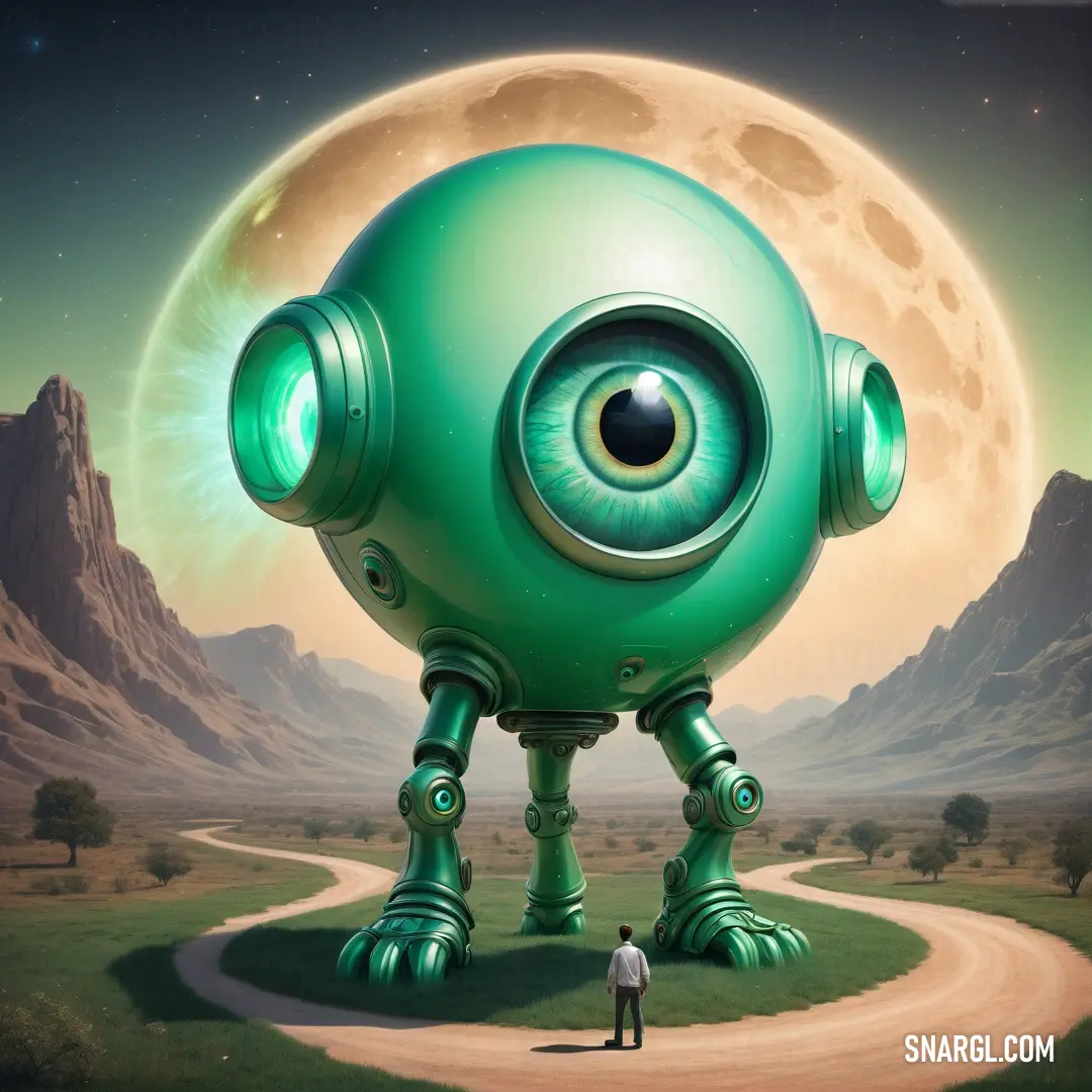 Man standing in front of a green robot with a giant eye on it's face and a full moon in the background. Color Medium sea green.